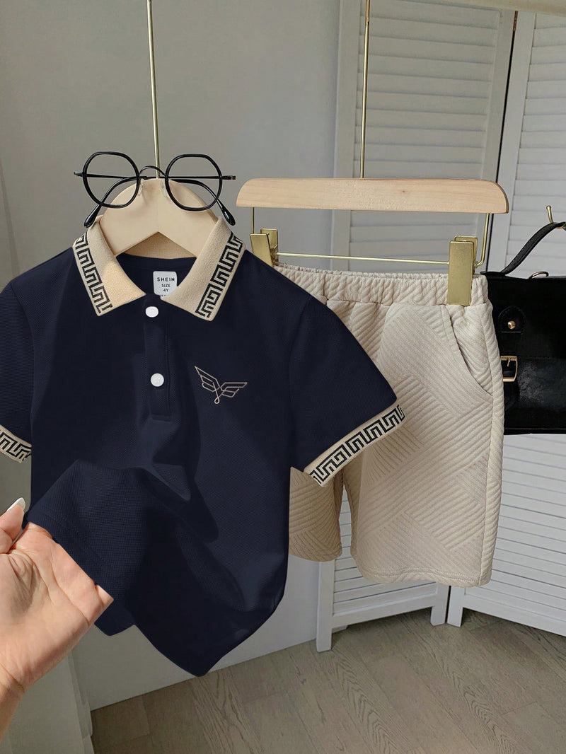 2 peças/Conjunto Camisa Polo Clássica Bordada e Shorts Esportivos para Meninos Jovens, Conjunto Casual