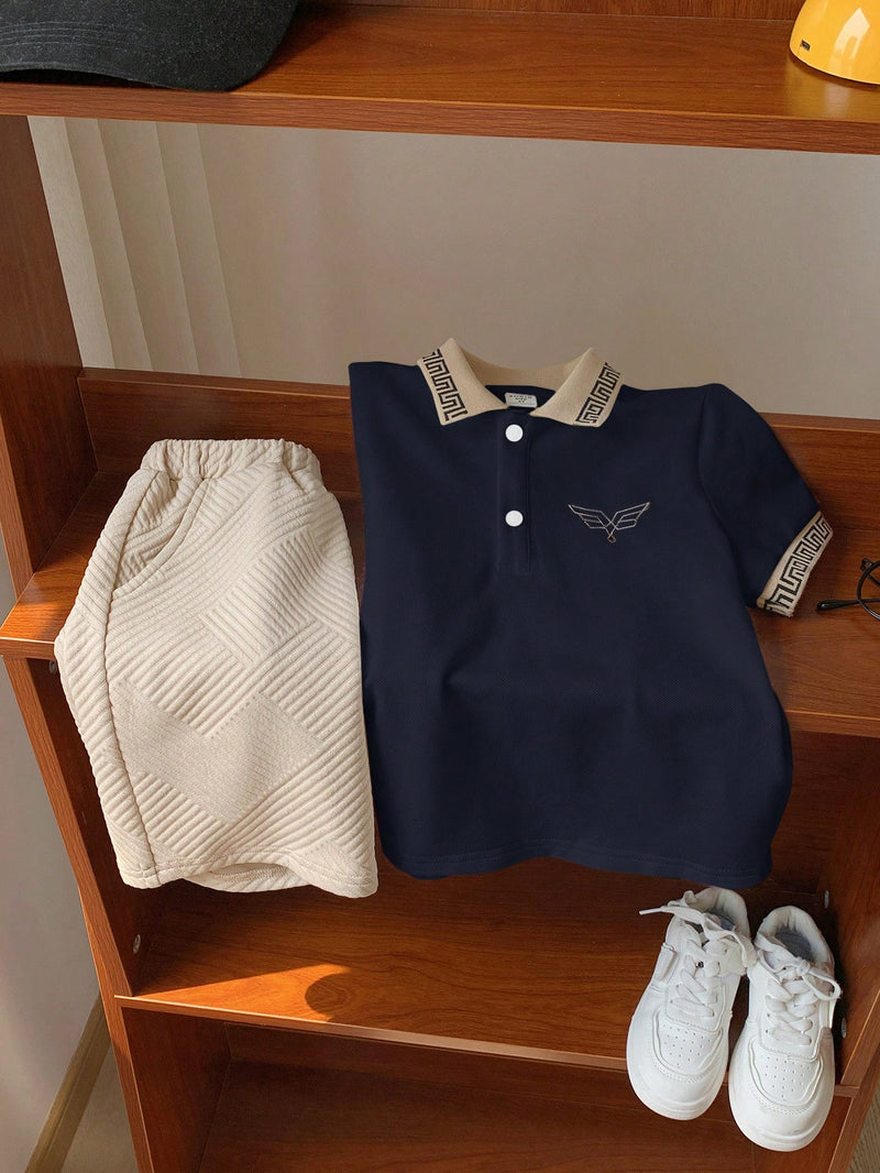 2 peças/Conjunto Camisa Polo Clássica Bordada e Shorts Esportivos para Meninos Jovens, Conjunto Casual
