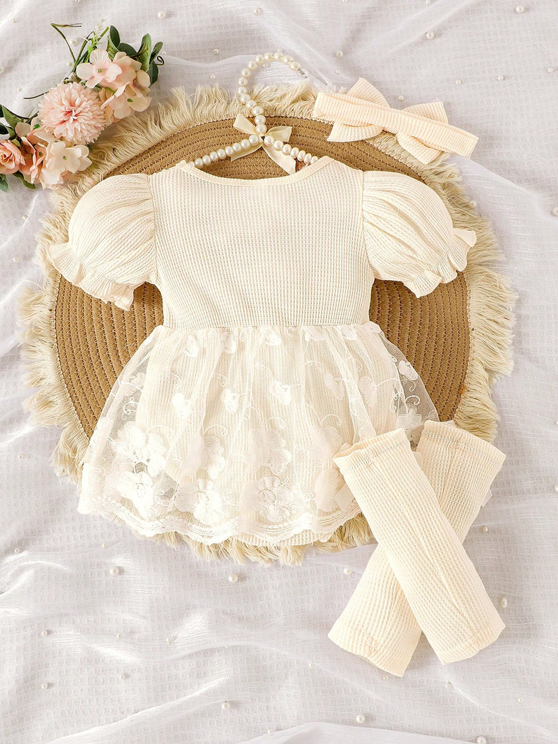 1 Peça Macacão Bodysuit de Manga Curta com Babados de Renda e Tule para Bebê Menina, Leve para o Verão