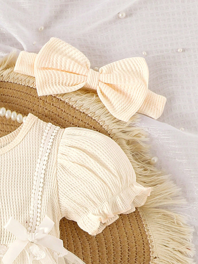 1 Peça Macacão Bodysuit de Manga Curta com Babados de Renda e Tule para Bebê Menina, Leve para o Verão