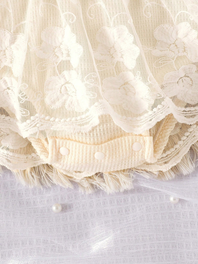 1 Peça Macacão Bodysuit de Manga Curta com Babados de Renda e Tule para Bebê Menina, Leve para o Verão