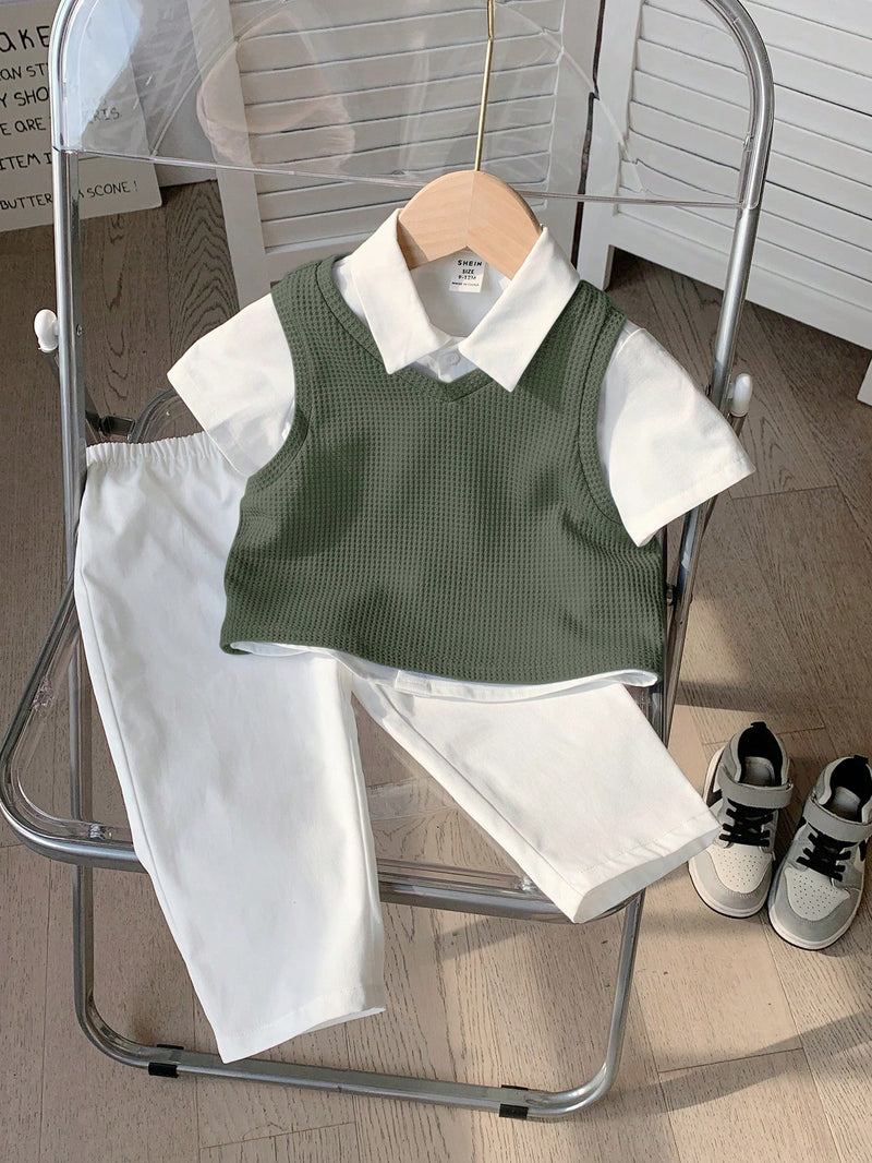 3 peças/Conjunto Menino Bebê Azul e Branco Top Polo de Manga Curta para Verão/Outono, Colete Sólido e Calça, Estilo Cavalheiro Britânico, Macio e Versátil para Festa de Aniversário, Batizado, 1º Aniversário, Eventos, Casamentos
