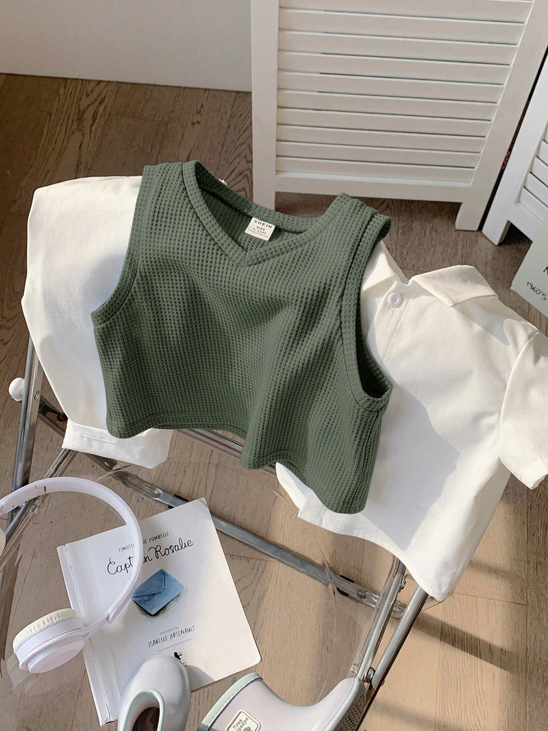 3 peças/Conjunto Menino Bebê Azul e Branco Top Polo de Manga Curta para Verão/Outono, Colete Sólido e Calça, Estilo Cavalheiro Britânico, Macio e Versátil para Festa de Aniversário, Batizado, 1º Aniversário, Eventos, Casamentos