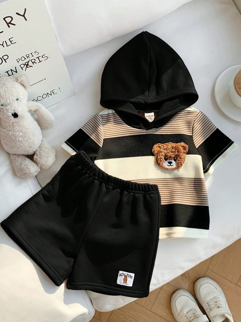 2 peças/Conjunto Bebê Menino Fofo Urso Cartoon Top de Manga Curta com Capuz Listrada e Shorts Roupa Casual de Verão