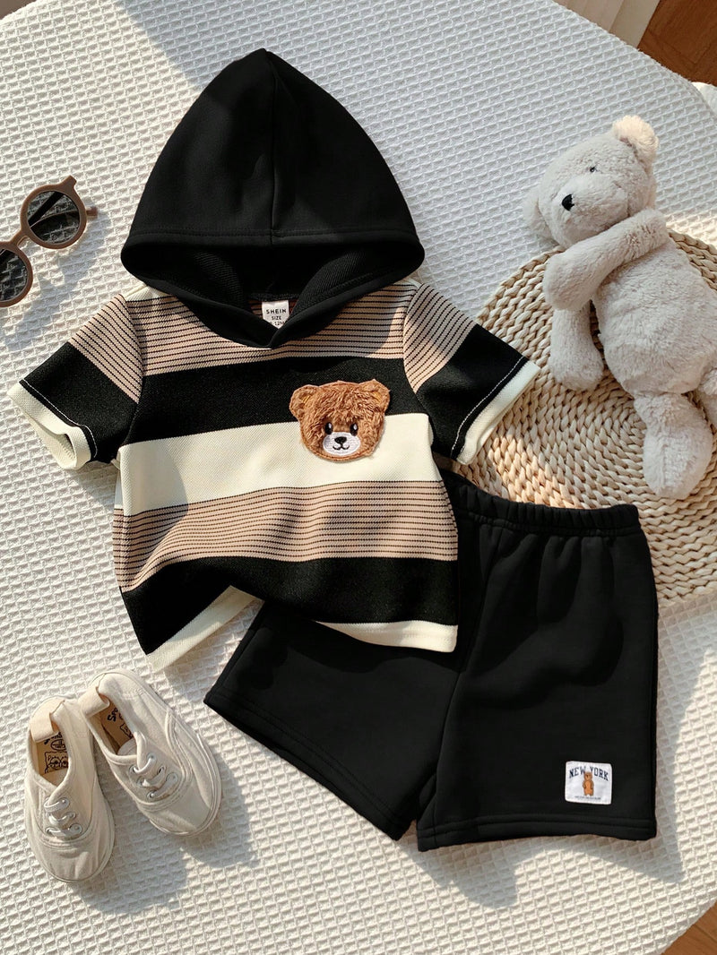 2 peças/Conjunto Bebê Menino Fofo Urso Cartoon Top de Manga Curta com Capuz Listrada e Shorts Roupa Casual de Verão