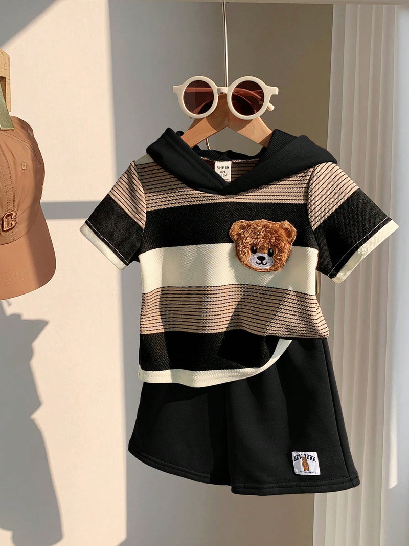 2 peças/Conjunto Bebê Menino Fofo Urso Cartoon Top de Manga Curta com Capuz Listrada e Shorts Roupa Casual de Verão