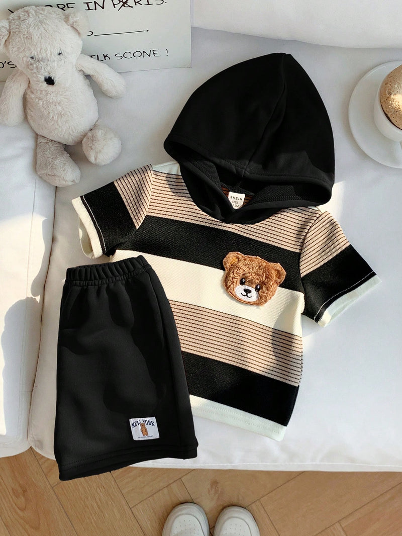 2 peças/Conjunto Bebê Menino Fofo Urso Cartoon Top de Manga Curta com Capuz Listrada e Shorts Roupa Casual de Verão