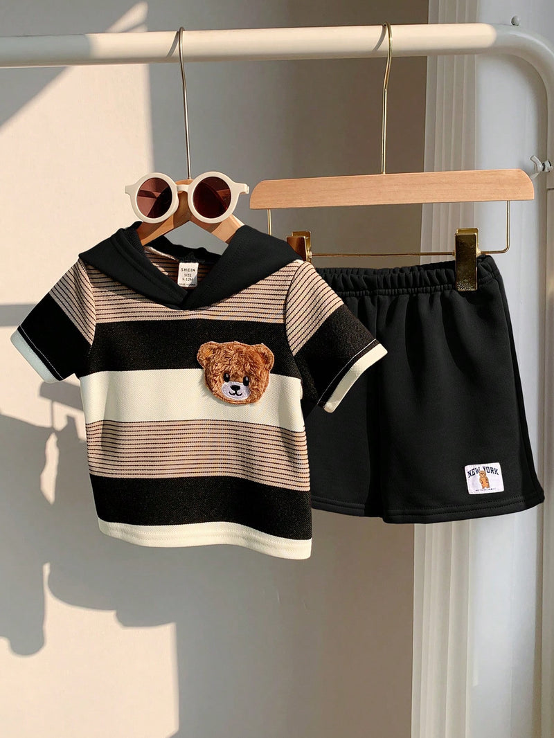 2 peças/Conjunto Bebê Menino Fofo Urso Cartoon Top de Manga Curta com Capuz Listrada e Shorts Roupa Casual de Verão