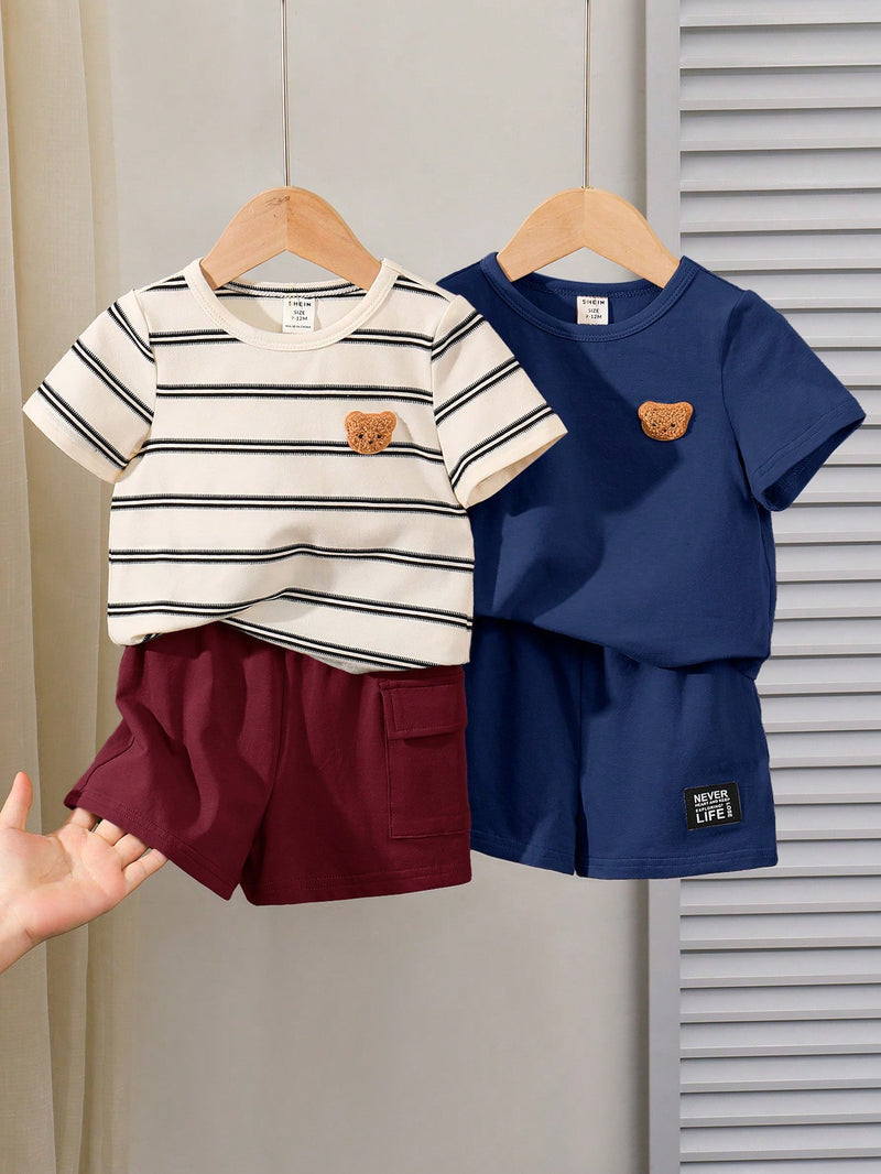 4 peças/conjunto de Verão Estilo Coreano Casual Fofo, Padrão de Desenho Animado Listrado Camiseta Manga Curta, Shorts de Elástico com Bolsos para Meninos e Meninas Bebês