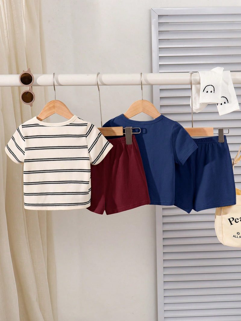 4 peças/conjunto de Verão Estilo Coreano Casual Fofo, Padrão de Desenho Animado Listrado Camiseta Manga Curta, Shorts de Elástico com Bolsos para Meninos e Meninas Bebês