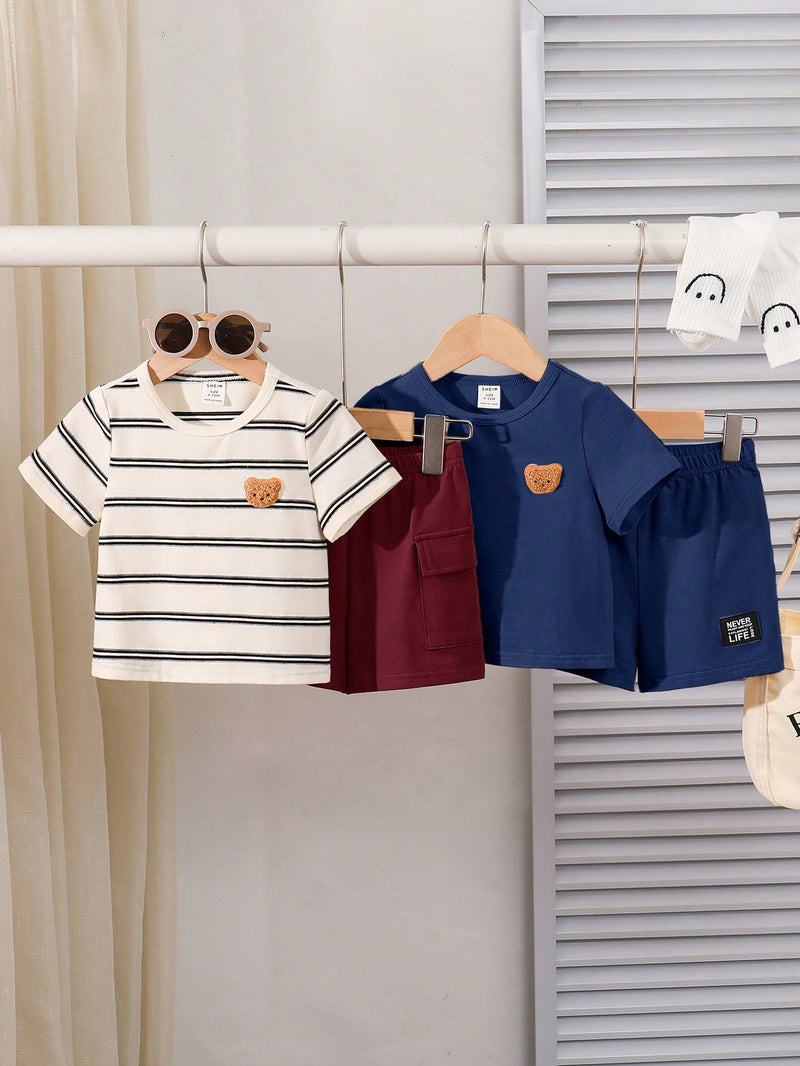 4 peças/conjunto de Verão Estilo Coreano Casual Fofo, Padrão de Desenho Animado Listrado Camiseta Manga Curta, Shorts de Elástico com Bolsos para Meninos e Meninas Bebês