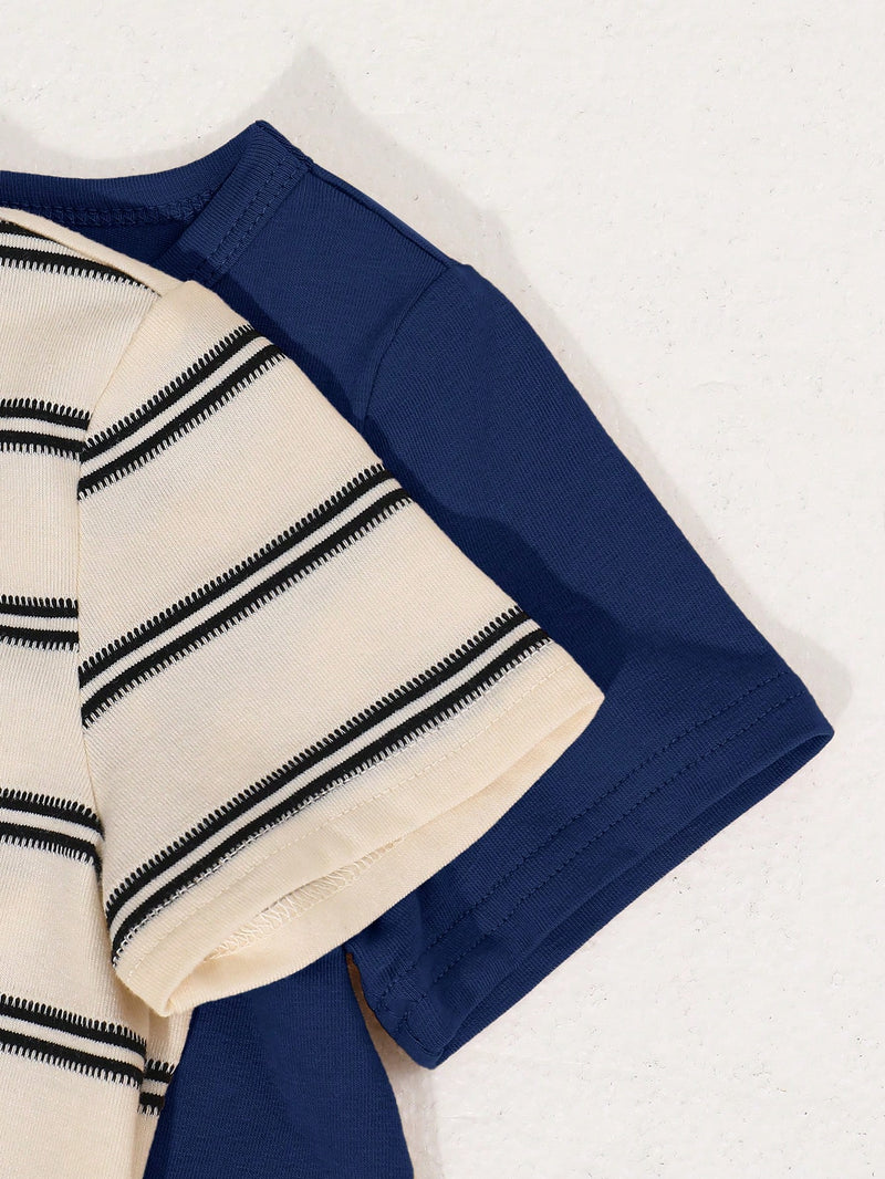 4 peças/conjunto de Verão Estilo Coreano Casual Fofo, Padrão de Desenho Animado Listrado Camiseta Manga Curta, Shorts de Elástico com Bolsos para Meninos e Meninas Bebês