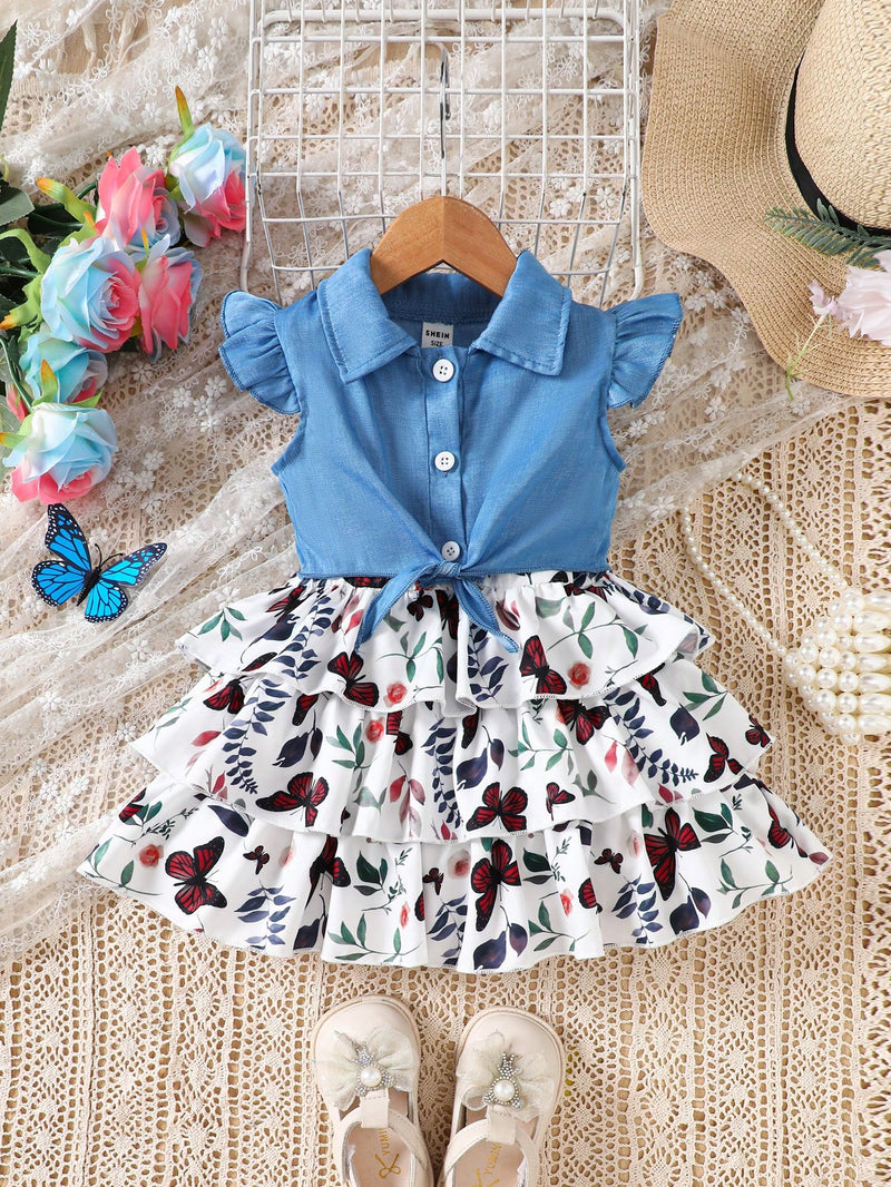 Conjunto de camisa de hem amarrada na frente e vestido de alcinha com estampa de borboleta para bebê menina