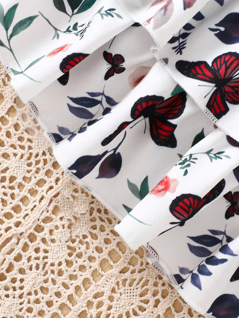 Conjunto de camisa de hem amarrada na frente e vestido de alcinha com estampa de borboleta para bebê menina