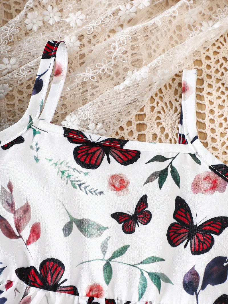 Conjunto de camisa de hem amarrada na frente e vestido de alcinha com estampa de borboleta para bebê menina