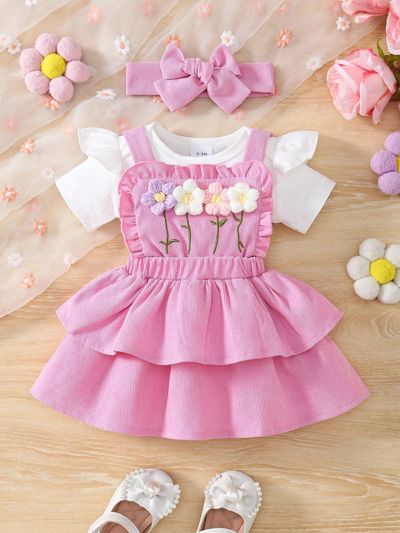 3 Peças Conjunto para Bebê Menina: Bodysuit de Manga Curta de Cor Sólida + Vestido com Babado de Barra Bordado com Flor 3D + Tiara