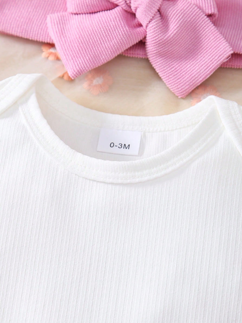 3 Peças Conjunto para Bebê Menina: Bodysuit de Manga Curta de Cor Sólida + Vestido com Babado de Barra Bordado com Flor 3D + Tiara