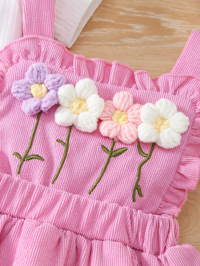 3 Peças Conjunto para Bebê Menina: Bodysuit de Manga Curta de Cor Sólida + Vestido com Babado de Barra Bordado com Flor 3D + Tiara