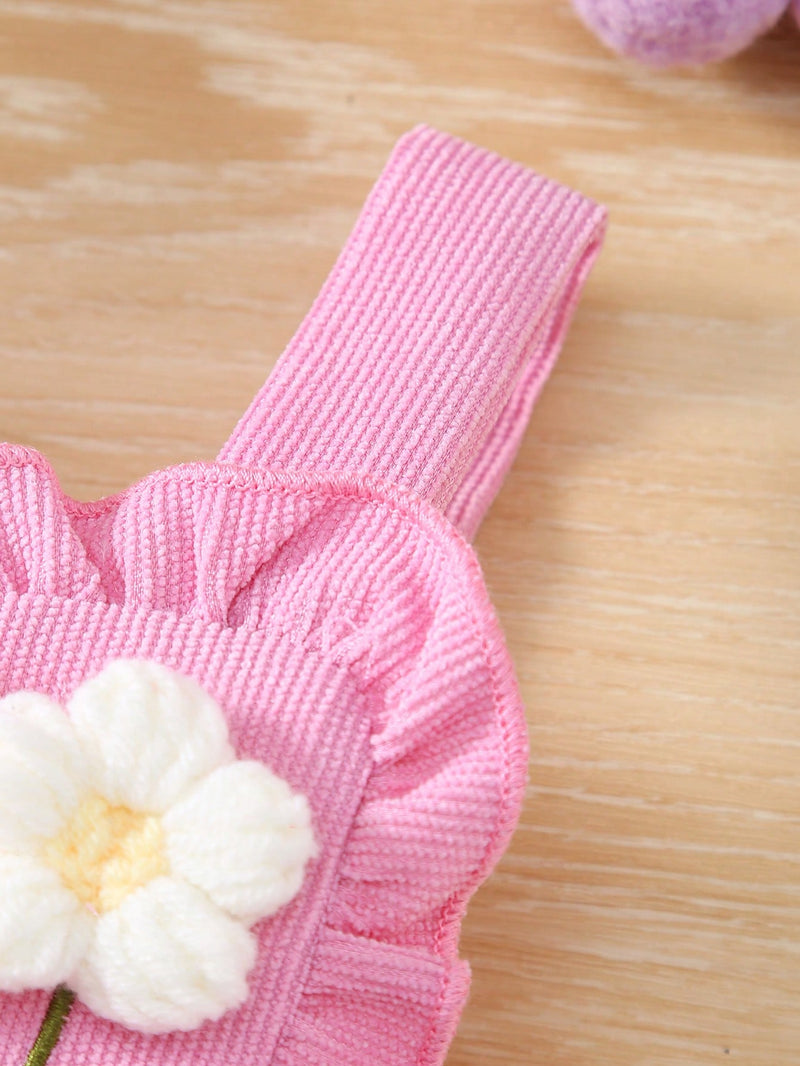 3 Peças Conjunto para Bebê Menina: Bodysuit de Manga Curta de Cor Sólida + Vestido com Babado de Barra Bordado com Flor 3D + Tiara
