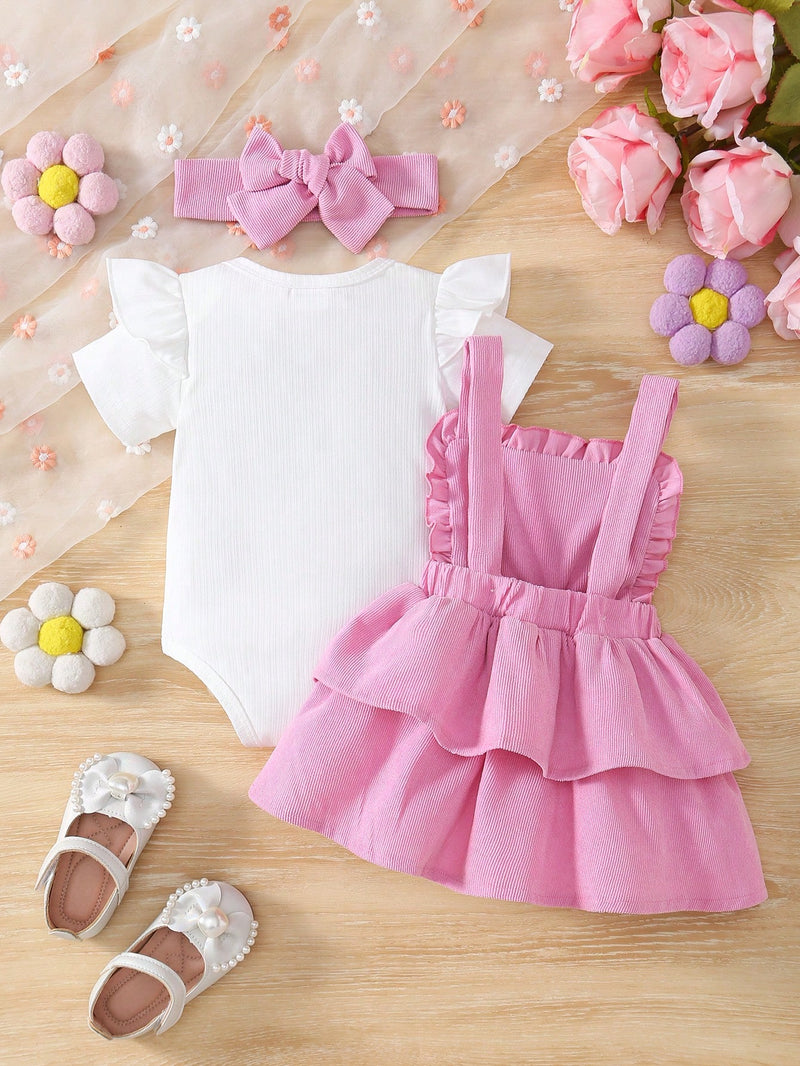 3 Peças Conjunto para Bebê Menina: Bodysuit de Manga Curta de Cor Sólida + Vestido com Babado de Barra Bordado com Flor 3D + Tiara