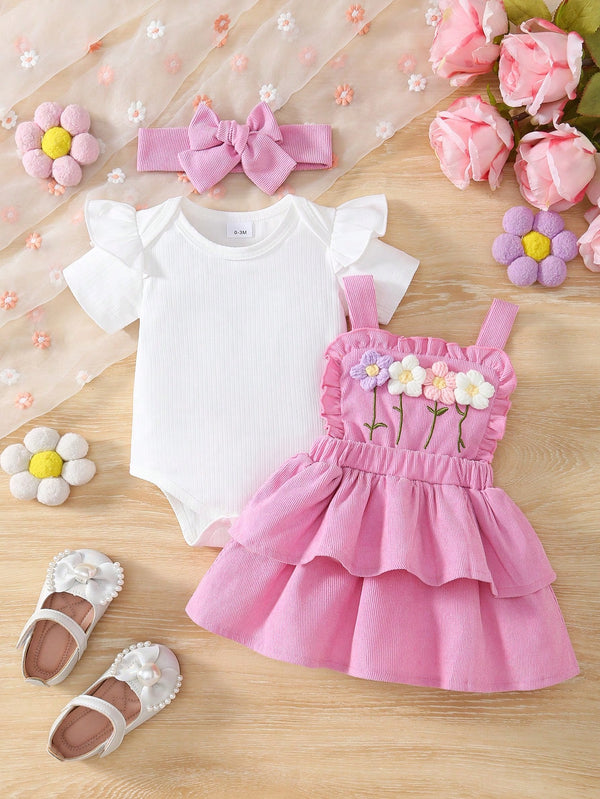 3 Peças Conjunto para Bebê Menina: Bodysuit de Manga Curta de Cor Sólida + Vestido com Babado de Barra Bordado com Flor 3D + Tiara