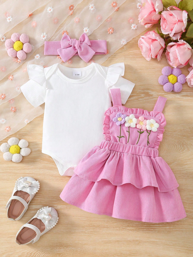 3 Peças Conjunto para Bebê Menina: Bodysuit de Manga Curta de Cor Sólida + Vestido com Babado de Barra Bordado com Flor 3D + Tiara