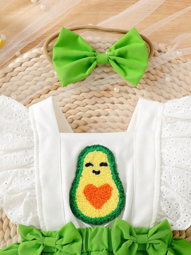 Macacão de Bebê Meninas Fofo com Decoração 3D de Abacate, Babados e Alça com Laço, com Tiara, Verão