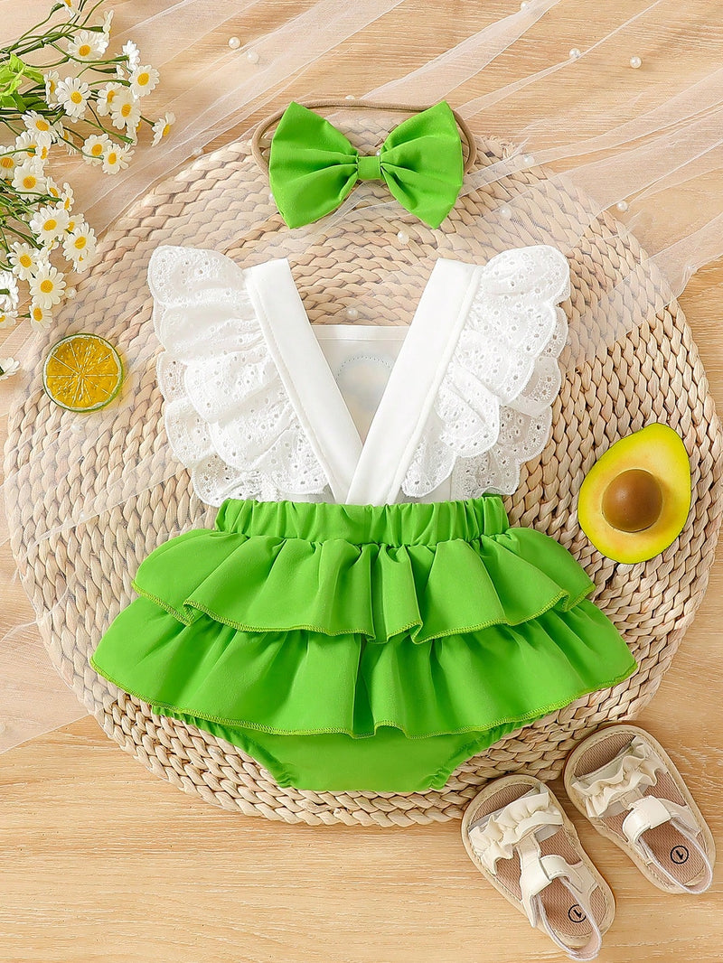 Macacão de Bebê Meninas Fofo com Decoração 3D de Abacate, Babados e Alça com Laço, com Tiara, Verão