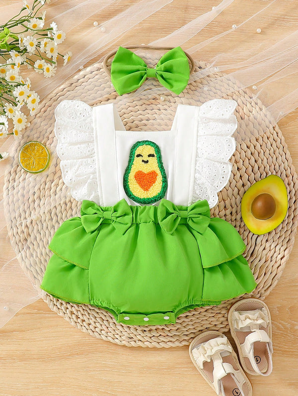 Macacão de Bebê Meninas Fofo com Decoração 3D de Abacate, Babados e Alça com Laço, com Tiara, Verão