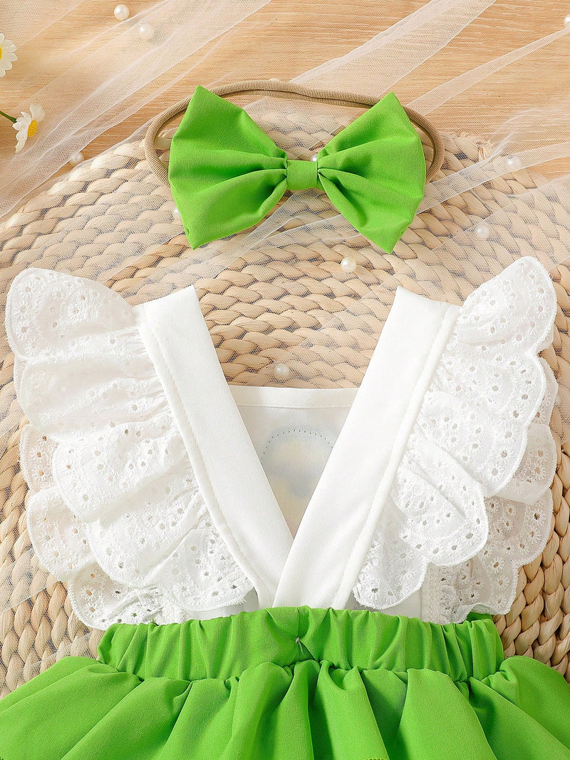 Macacão de Bebê Meninas Fofo com Decoração 3D de Abacate, Babados e Alça com Laço, com Tiara, Verão