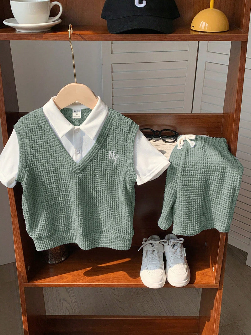 2 peças Conjunto de Camiseta Gráfica Simples e Shorts Casuais para Meninos, Tecido Macio e Confortável Tipo Waffle com Padrão de Letras, Adequado para Uso Diário, Escola, Viagem, Esportes, Primavera/Verão