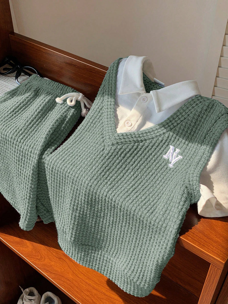 2 peças Conjunto de Camiseta Gráfica Simples e Shorts Casuais para Meninos, Tecido Macio e Confortável Tipo Waffle com Padrão de Letras, Adequado para Uso Diário, Escola, Viagem, Esportes, Primavera/Verão