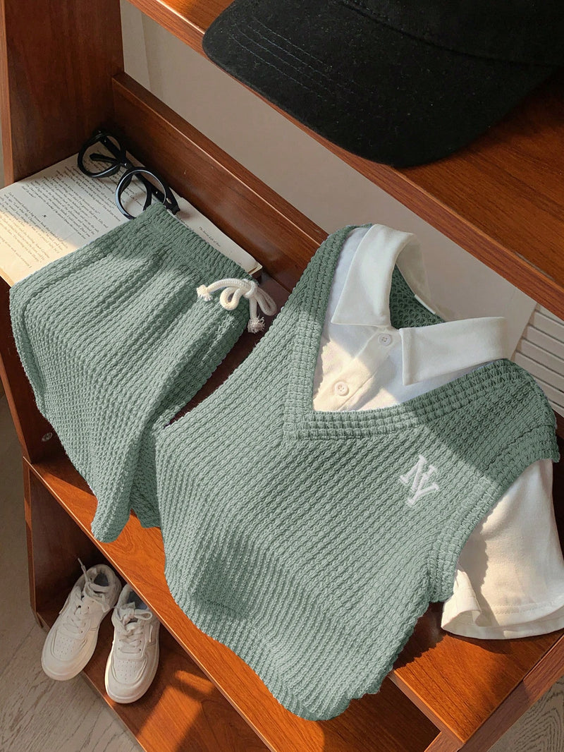 2 peças Conjunto de Camiseta Gráfica Simples e Shorts Casuais para Meninos, Tecido Macio e Confortável Tipo Waffle com Padrão de Letras, Adequado para Uso Diário, Escola, Viagem, Esportes, Primavera/Verão