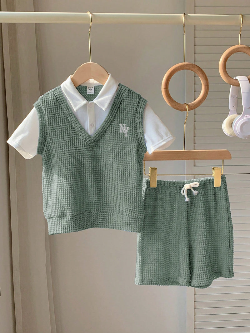 2 peças Conjunto de Camiseta Gráfica Simples e Shorts Casuais para Meninos, Tecido Macio e Confortável Tipo Waffle com Padrão de Letras, Adequado para Uso Diário, Escola, Viagem, Esportes, Primavera/Verão