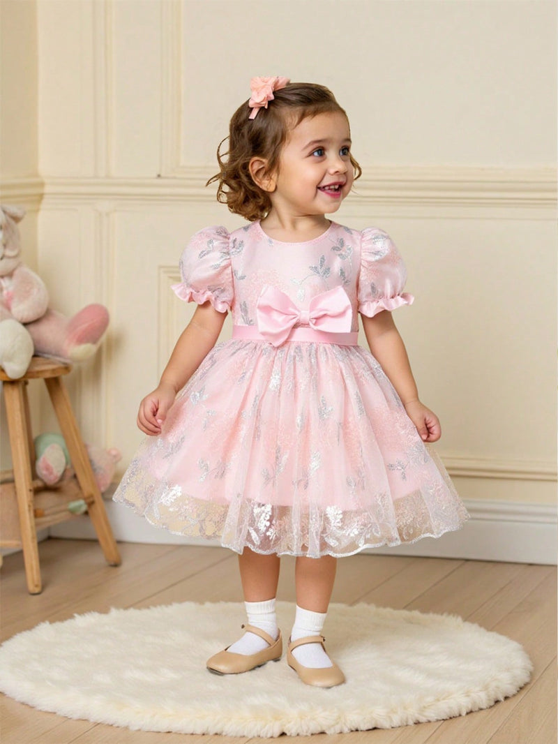 Souflis Souflis Vestido Rodado de Bebê Menina, Primavera, Rosa, Estilo Fofo e Luxuoso em Tecido Tule Fofinho, Decote Redondo, Cintura Abrível com Laço, Adequado para Festa e Reunião