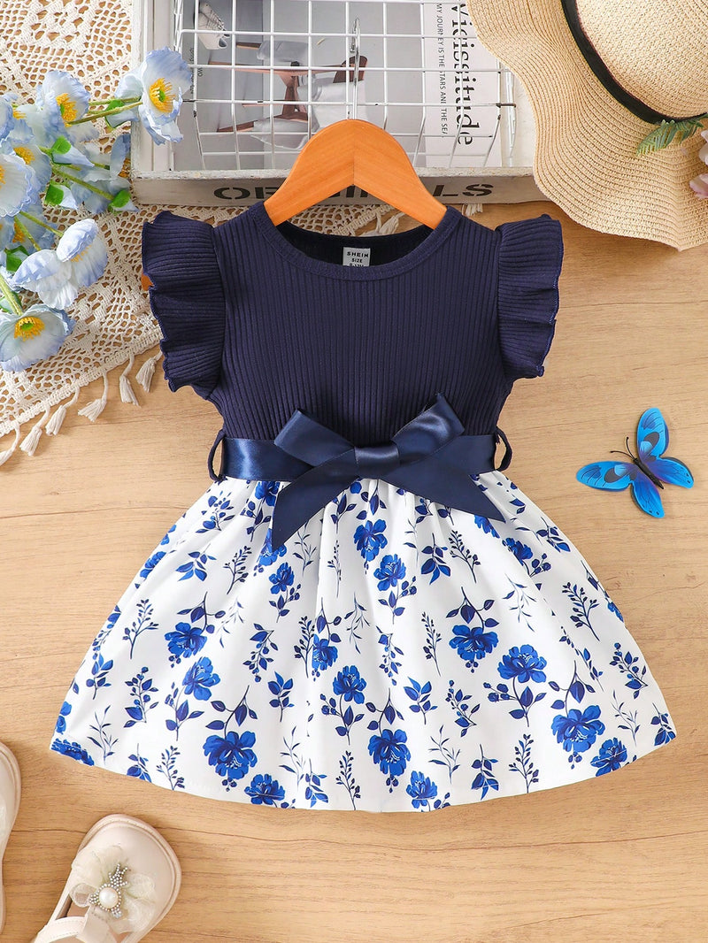 Vestido Fofo Casual e Romântico de Borboleta com Cinto Estampado com Padrão Diário Básico para Bebê Menina, Adequado para Passeios