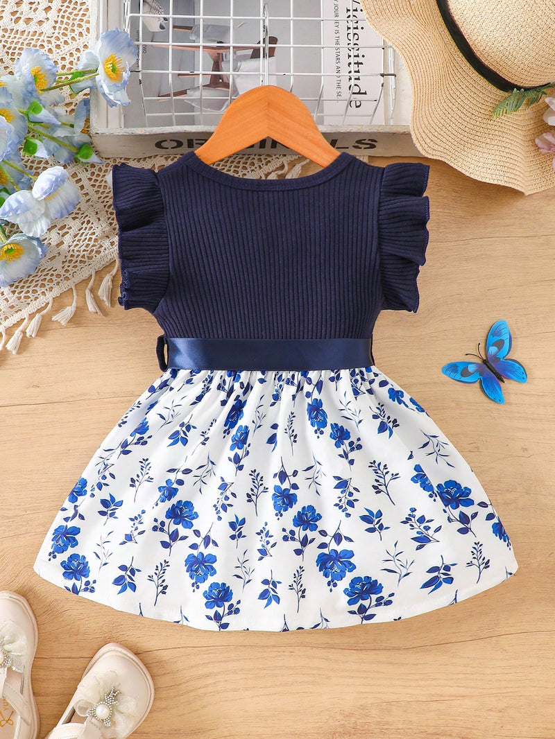 Vestido Fofo Casual e Romântico de Borboleta com Cinto Estampado com Padrão Diário Básico para Bebê Menina, Adequado para Passeios