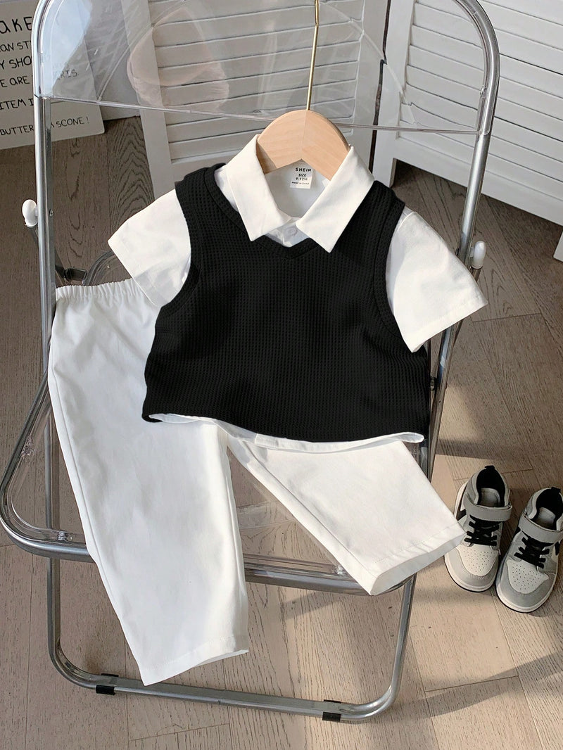3 peças/Conjunto Menino Bebê Azul e Branco Top Polo de Manga Curta para Verão/Outono, Colete Sólido e Calça, Estilo Cavalheiro Britânico, Macio e Versátil para Festa de Aniversário, Batizado, 1º Aniversário, Eventos, Casamentos