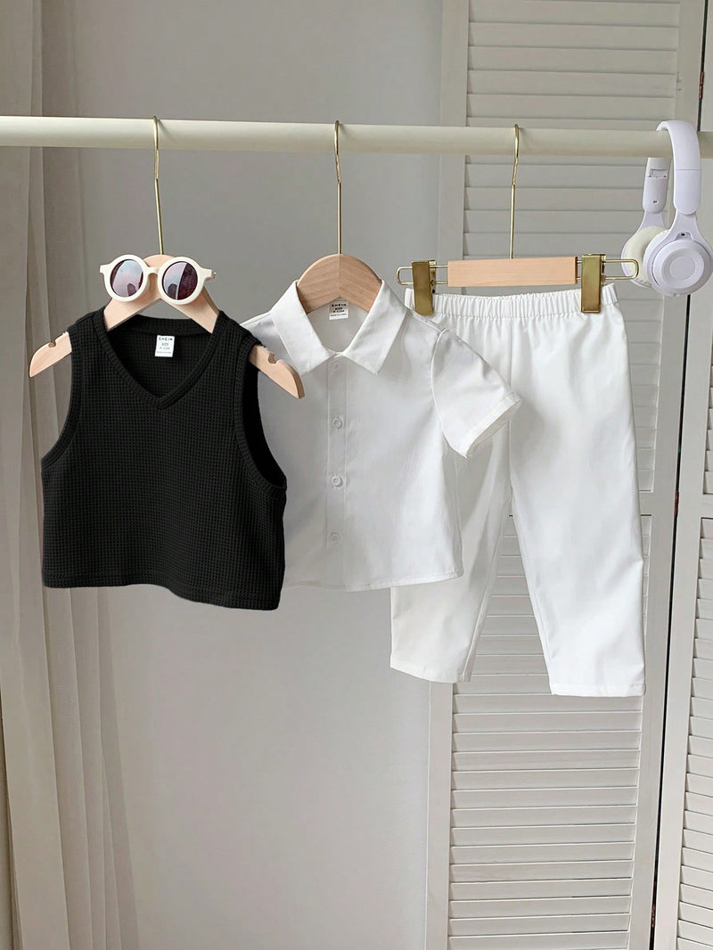 3 peças/Conjunto Menino Bebê Azul e Branco Top Polo de Manga Curta para Verão/Outono, Colete Sólido e Calça, Estilo Cavalheiro Britânico, Macio e Versátil para Festa de Aniversário, Batizado, 1º Aniversário, Eventos, Casamentos
