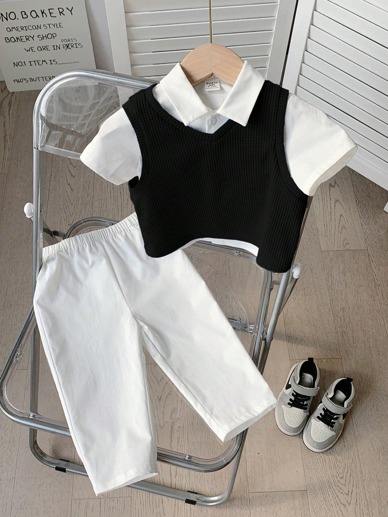 3 peças/Conjunto Menino Bebê Azul e Branco Top Polo de Manga Curta para Verão/Outono, Colete Sólido e Calça, Estilo Cavalheiro Britânico, Macio e Versátil para Festa de Aniversário, Batizado, 1º Aniversário, Eventos, Casamentos