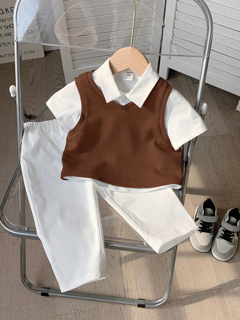 3 peças/Conjunto Menino Bebê Azul e Branco Top Polo de Manga Curta para Verão/Outono, Colete Sólido e Calça, Estilo Cavalheiro Britânico, Macio e Versátil para Festa de Aniversário, Batizado, 1º Aniversário, Eventos, Casamentos