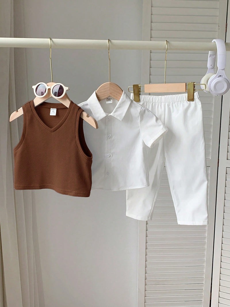 3 peças/Conjunto Menino Bebê Azul e Branco Top Polo de Manga Curta para Verão/Outono, Colete Sólido e Calça, Estilo Cavalheiro Britânico, Macio e Versátil para Festa de Aniversário, Batizado, 1º Aniversário, Eventos, Casamentos