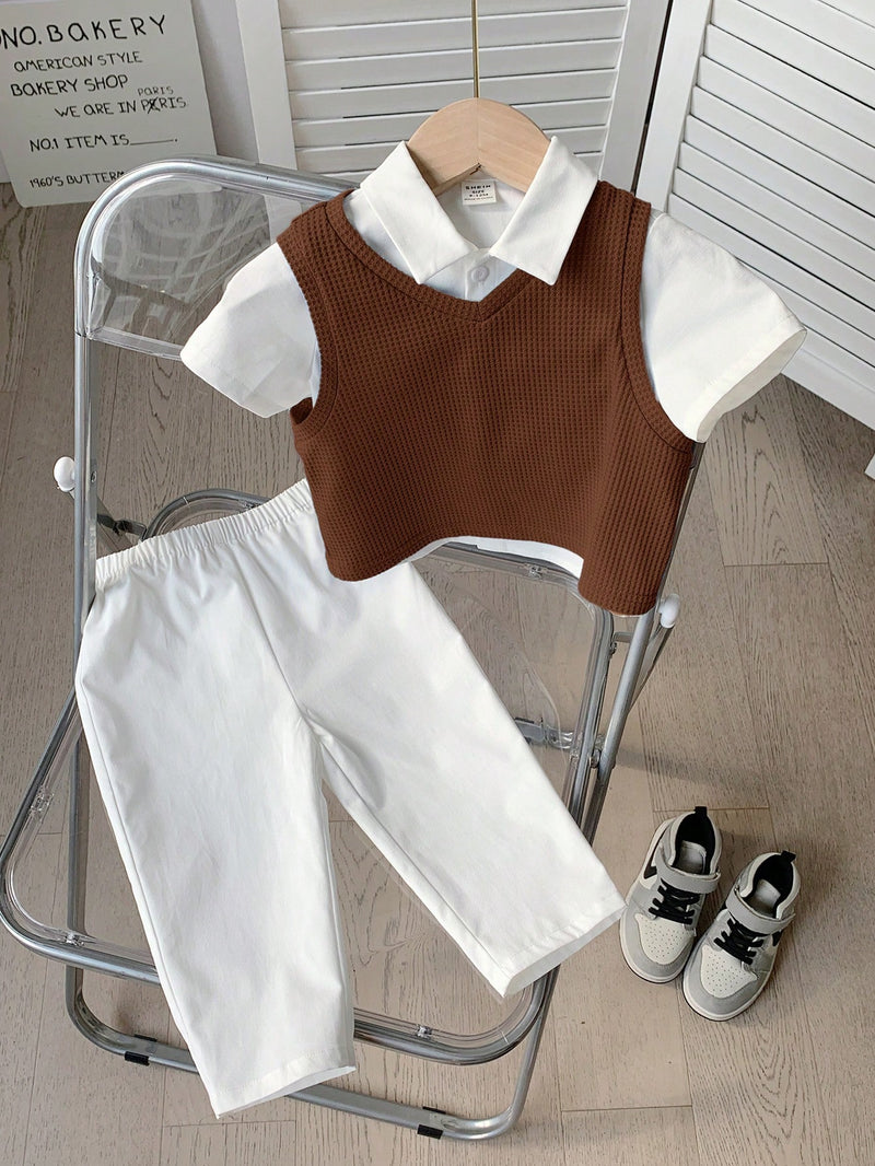 3 peças/Conjunto Menino Bebê Azul e Branco Top Polo de Manga Curta para Verão/Outono, Colete Sólido e Calça, Estilo Cavalheiro Britânico, Macio e Versátil para Festa de Aniversário, Batizado, 1º Aniversário, Eventos, Casamentos
