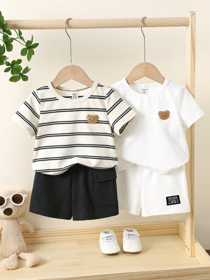 4 peças/conjunto de Verão Estilo Coreano Casual Fofo, Padrão de Desenho Animado Listrado Camiseta Manga Curta, Shorts de Elástico com Bolsos para Meninos e Meninas Bebês