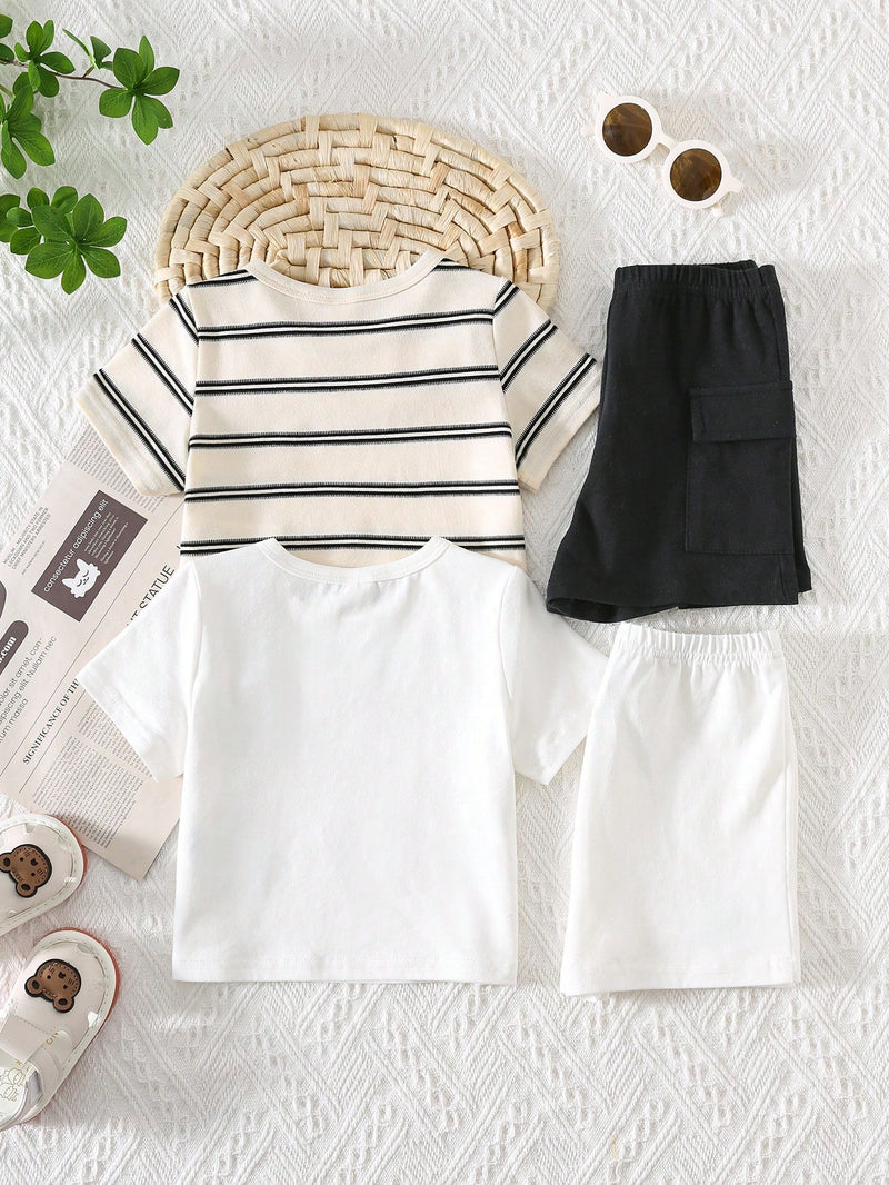4 peças/conjunto de Verão Estilo Coreano Casual Fofo, Padrão de Desenho Animado Listrado Camiseta Manga Curta, Shorts de Elástico com Bolsos para Meninos e Meninas Bebês