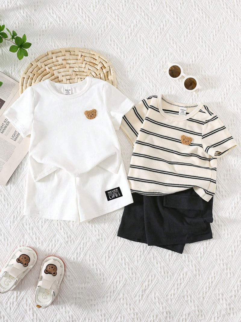 4 peças/conjunto de Verão Estilo Coreano Casual Fofo, Padrão de Desenho Animado Listrado Camiseta Manga Curta, Shorts de Elástico com Bolsos para Meninos e Meninas Bebês