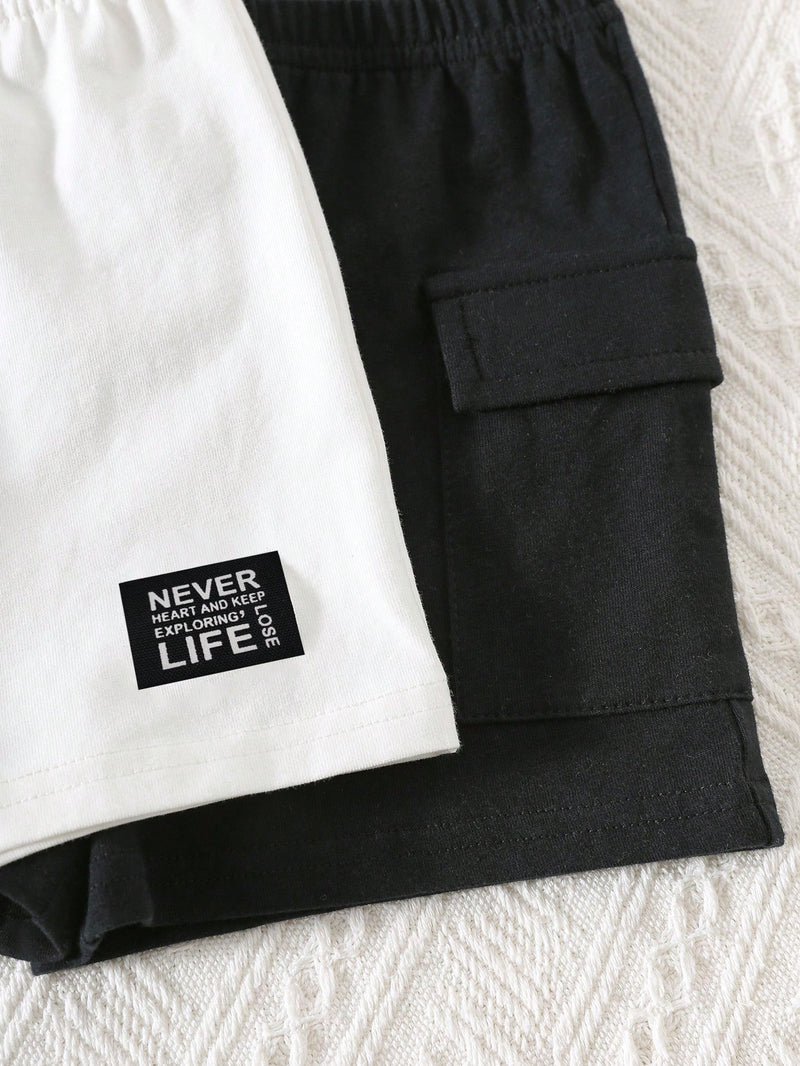 4 peças/conjunto de Verão Estilo Coreano Casual Fofo, Padrão de Desenho Animado Listrado Camiseta Manga Curta, Shorts de Elástico com Bolsos para Meninos e Meninas Bebês