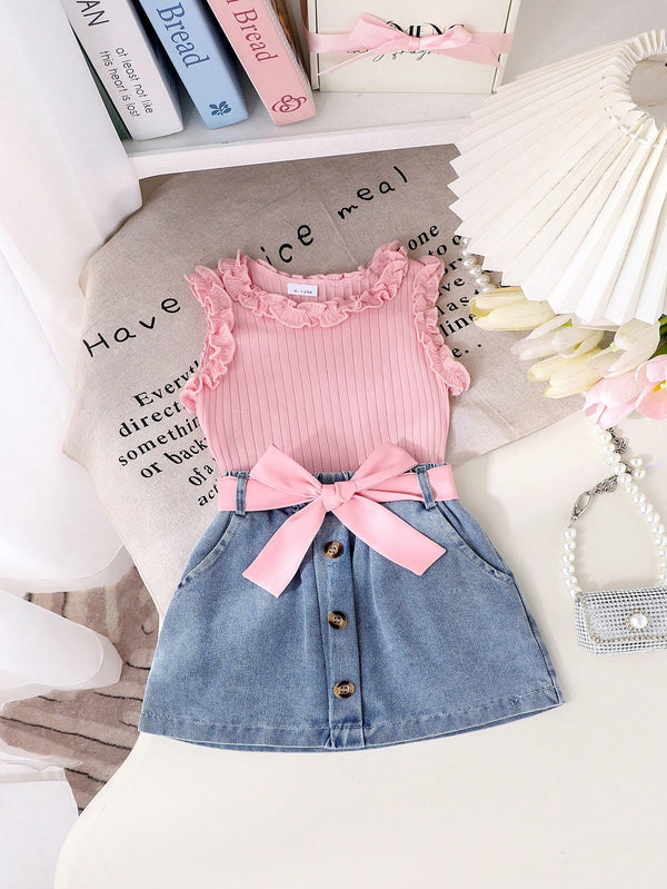2 peças Conjunto de Regata Fofa + Saia Denim para Meninas Pequenas, Conjunto Leve para Verão