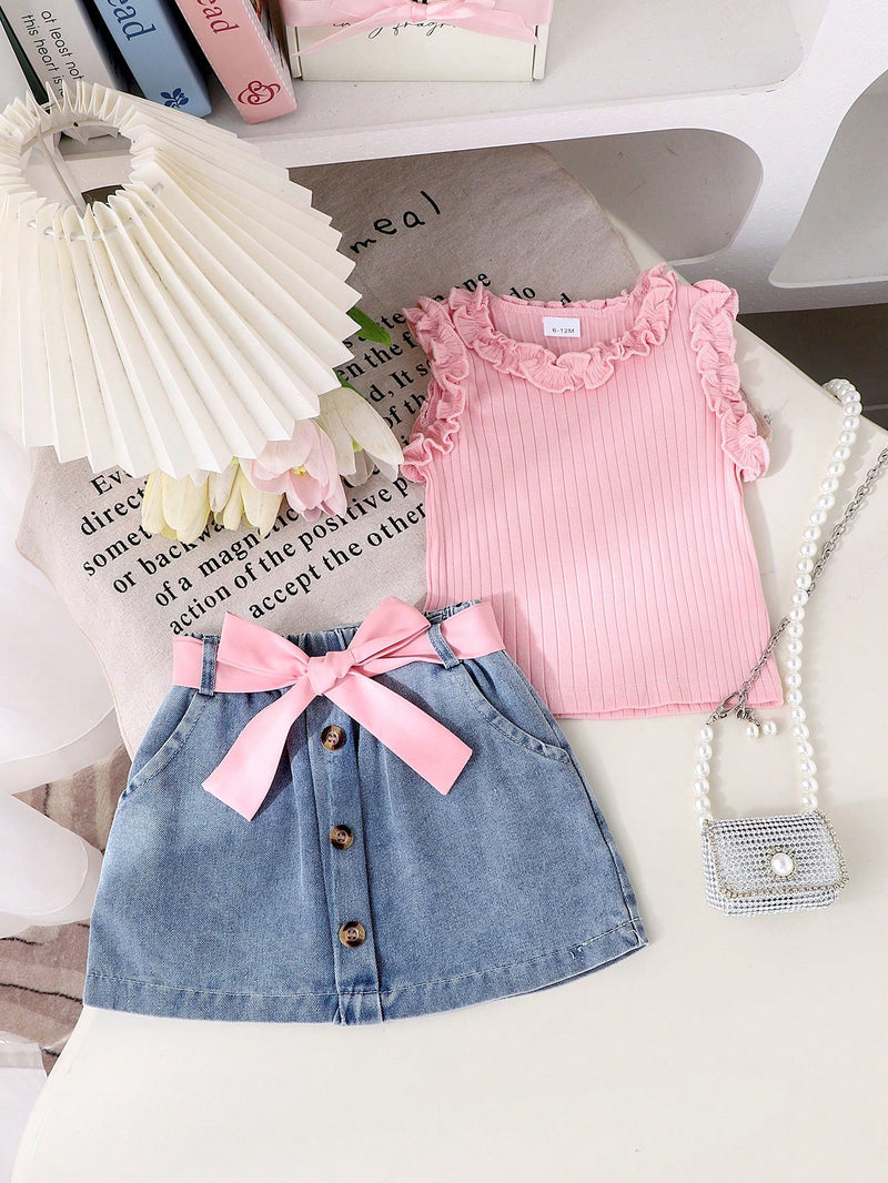 2 peças Conjunto de Regata Fofa + Saia Denim para Meninas Pequenas, Conjunto Leve para Verão
