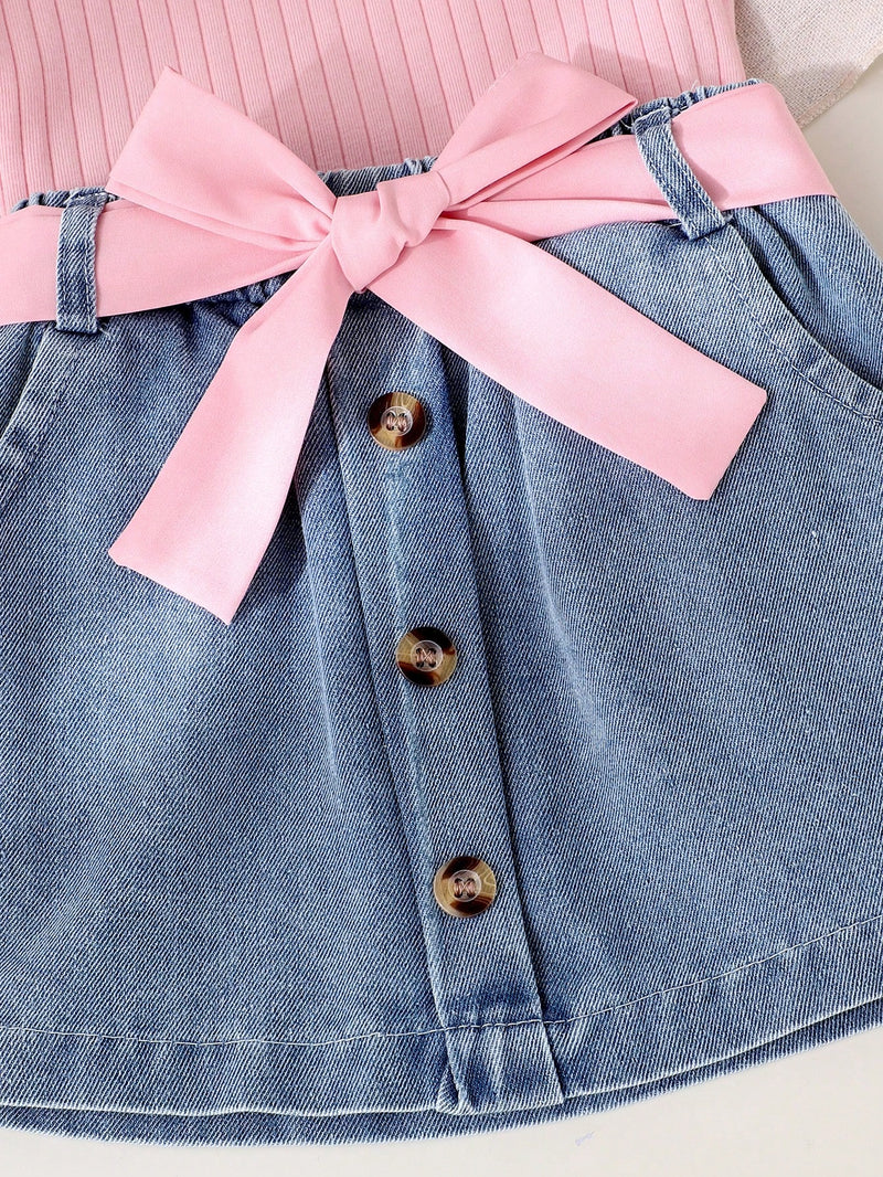2 peças Conjunto de Regata Fofa + Saia Denim para Meninas Pequenas, Conjunto Leve para Verão